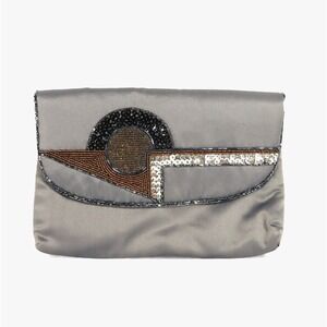 Vtg DELILL Gray Satin PURSE BAG Clutch or Shoulder Strap Bronze Beaded Art Deco